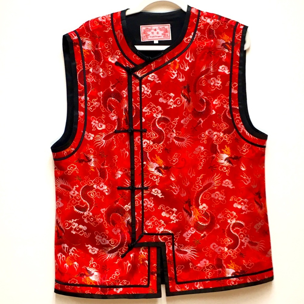 Double Dragons Satin Asian Style Vest Large Red Black Beautiful Dragon Print